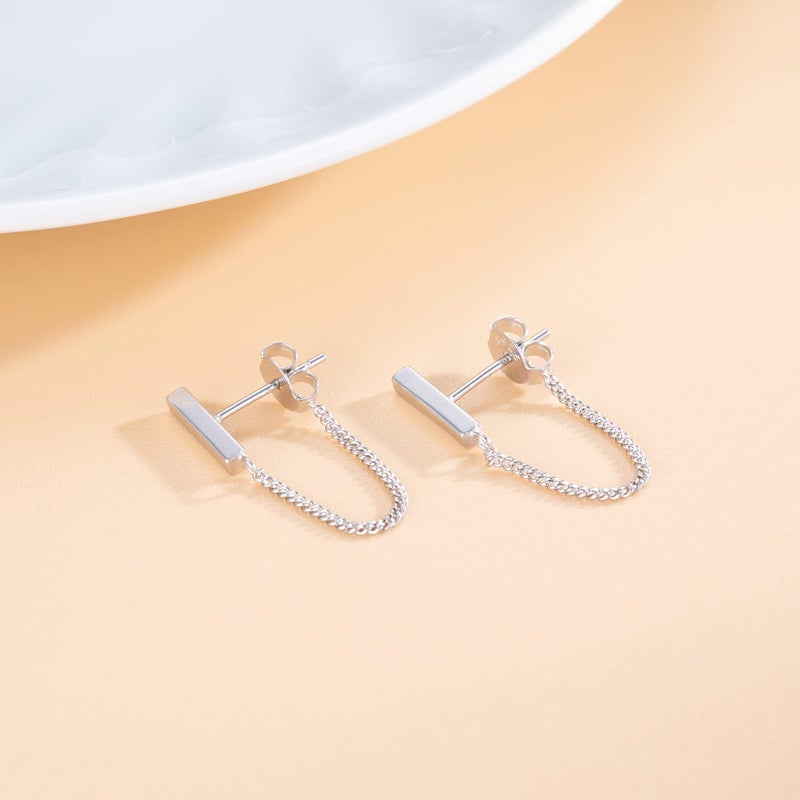 Reffeer 925 Sterling Silver Stud Earrings Minimalist Bar Earrings with Chain Dangle Earrings For Women (A-Silver) - Image 5